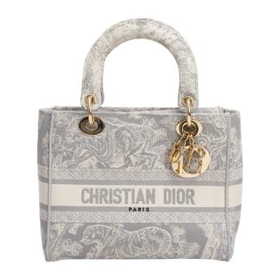 CHRISTIAN DIOR LADY D-LITE MEDIUM GRAY TOILE DE JOUY REVERSE EMBROIDERY