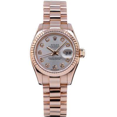 ROLEX LADY-DATEJUST 26 EVEROSE PRESIDENT SILVER DIAMONDS FULL SET REF: 179175