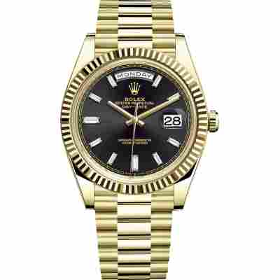 ROLEX DAY-DATE 40 YELLOW GOLD BLACK MOTIF DIAL PRESIDENT REF: 228238
