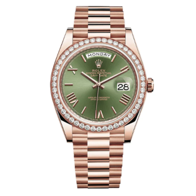 ROLEX DAY-DATE ROSEGOLD DIAMOND BEZEL OLIVE DIAL REF: 228345