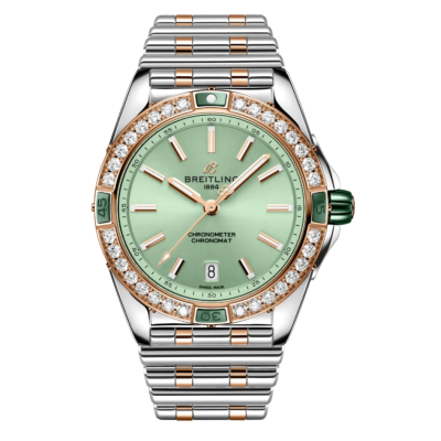 BREITLING SUPER CHRONOMAT 38 TWO TONE GREEN DIAL DIAMONDS BOX+PAPERS 2023 REF: U17356531L1U1