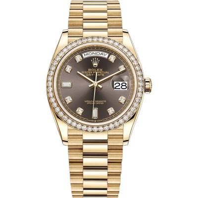 ROLEX DAY-DATE 36MM YELLOW GOLD PRESIDENT SUNRAY CHOCOLATE DIAL DIAMONDS BOX+PAPERS 2019 REF: 128348RBR