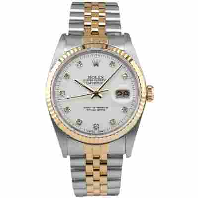 ROLEX DATEJUST 36 TWO TONE WHITE DIAMOND DIAL FULL SET 1988 REF: 16233