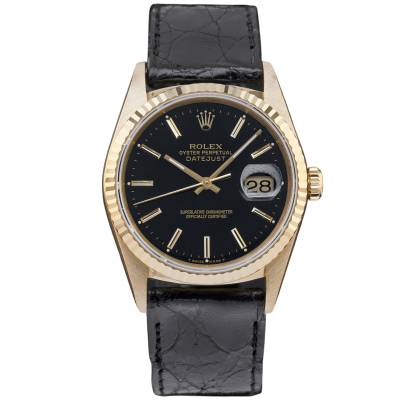 ROLEX DATEJUST 36MM YELLOW GOLD BLACK DIAL FULL SET 1989 REF: 16238