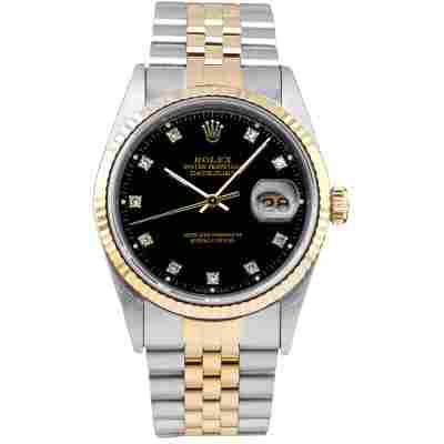 ROLEX DATEJUST 36 TWO TONE BLACK DIAMOND DIAL FULL SET 1991 JUBILEE REF: 16233