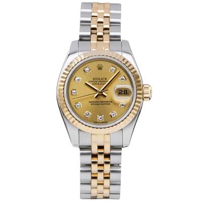 ROLEX LADY DATEJUST 26 TWO TONE CHAMPAGNE DIAMOND DIAL FULL SET 2004 REF: 179173