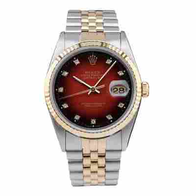ROLEX DATEJUST 36 TWO TONE RED VIGNETTE DIAMOND DIAL FULL SET JUBILEE 1990 REF: 16233
