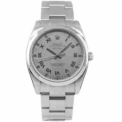 ROLEX AIR KING 34 GREY ROMAN DIAL FULL SET 2008 STEEL REF: 114200
