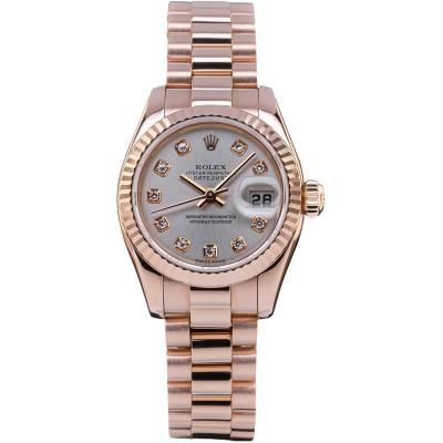 ROLEX LADY-DATEJUST 26 EVEROSE PRESIDENT SILVER DIAMONDS FULL SET REF: 179175