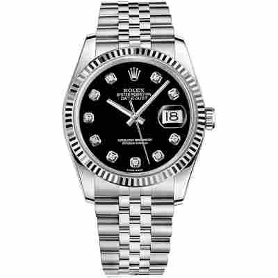 ROLEX DATEJUST 36MM STEEL DIAMONDS BLACK DIAL REF: 116234