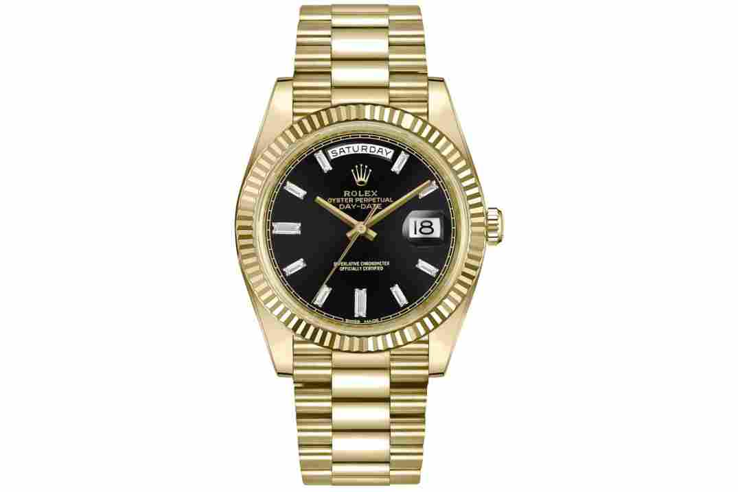 ROLEX DAY-DATE 18K YELLOW GOLD BLACK DIAL DIAMONDS 40MM REF: 228238