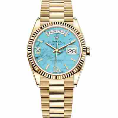 ROLEX DAY-DATE 18K YELLOW GOLD TURQUOISE DIAL 36MM REF: 128238