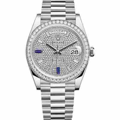 ROLEX DAY-DATE 40MM 18K WHITE GOLD DIAMOND SAPPHIRE DIAL REF: 228239