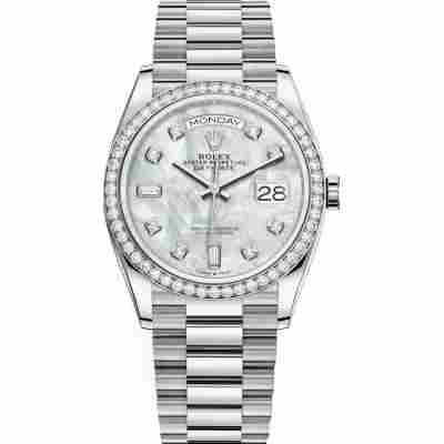 ROLEX DAY-DATE 36MM MOTHER OF PEARL DIAMOND BEZEL REF: 	128349RBR