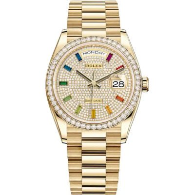 ROLEX DAY-DATE 36 YELLOW GOLD PRESIDENT RAINBOW BAGUETTE REF: 128345RBR