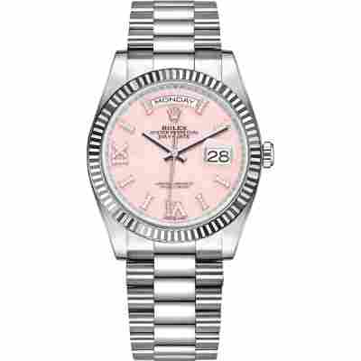 ROLEX DAY-DATE 36 WHITE GOLD DIAMOND BEZEL PINK DIAL REF: 128349RBR