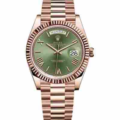 ROLEX DAY-DATE 40 EVEROSE GOLD FLUTED BEZEL OLIVE DIAL REF: 228345