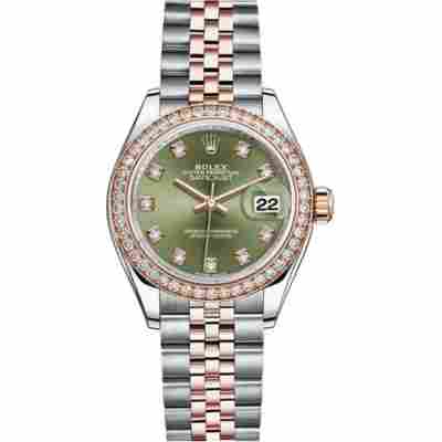 ROLEX LADY DATEJUST 28 ROSEGOLD&STEEL OLIVE DIAL DIAMOND BEZEL REF: 279171