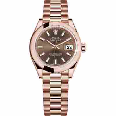 ROLEX LADY DATEJUST 28 EVEROSE BROWN DIAL PRESIDENT REF: 279165