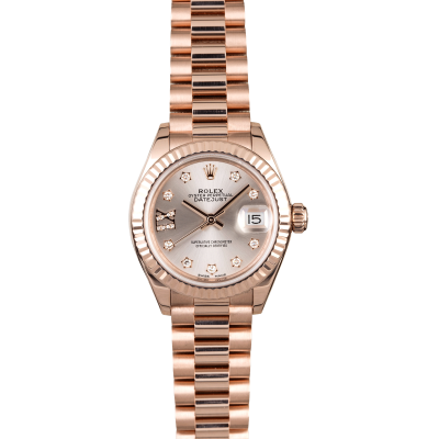 ROLEX LADY DATEJUST 28 EVEROSE SUNDUST DIAL PRESIDENT REF: 279175