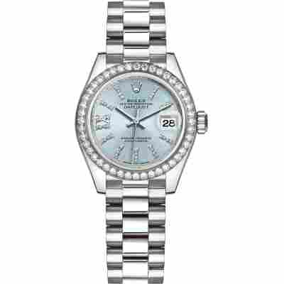 ROLEX LADY DATEJUST 28 PLATINUM ICE BLUE DIAMOND PRESIDENT REF: 279136RBR