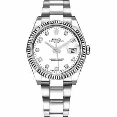 ROLEX OYSTER PERPETUAL DATE 34MM WHITE GOLD WHITE DIAL STEEL AUTOMATIC REF: 115234