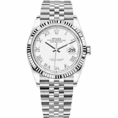 ROLEX DATEJUST 36 WHITE GOLD WHITE DIAL FLUTED BEZEL JUBILEE STEEL AUTOMATIC REF: 126234