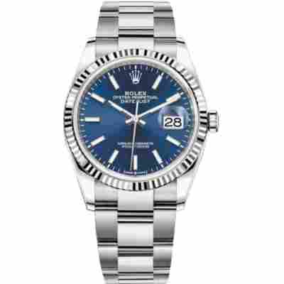 ROLEX DATEJUST 36 WHITE GOLD BLUE DIAL FLUTED BEZEL JUBILEE STEEL AUTOMATIC REF: 126234