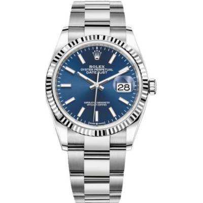 ROLEX DATEJUST 36 WHITE GOLD BLUE DIAL FLUTED BEZEL JUBILEE STEEL AUTOMATIC REF: 126234