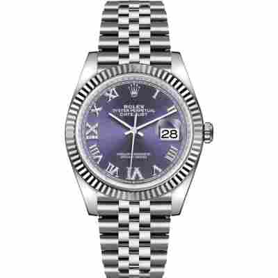 ROLEX DATEJUST 36 WHITE GOLD PURPLE DIAL FLUTED BEZEL JUBILEE STEEL AUTOMATIC REF: 126234