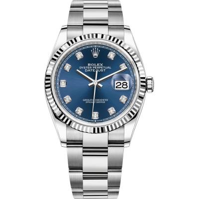 ROLEX DATEJUST 36 WHITE GOLD DIAMONDS BLUE DIAL OYSTER STEEL AUTOMATIC REF: 126234
