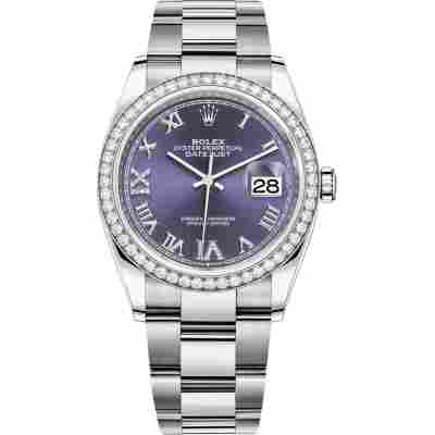 ROLEX DATEJUST 36 WHITE GOLD PURPLE DIAL DIAMOND BEZEL OYSTER STEEL REF: 126284RBR