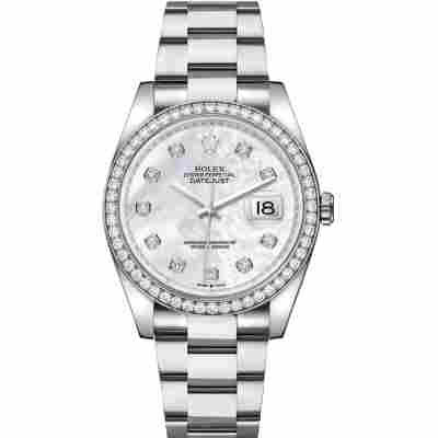 ROLEX DATEJUST 36 WHITE GOLD MOP DIAL DIAMOND BEZEL OYSTER STEEL REF: 126284RBR