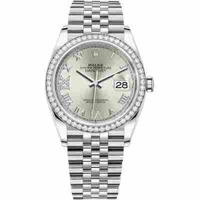 ROLEX DATEJUST 36 WHITE GOLD SILVER DIAL DIAMOND BEZEL JUBILEE STEEL REF: 126284RBR