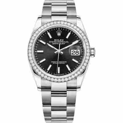 ROLEX DATEJUST 36 WHITE GOLD BLACK DIAL DIAMOND BEZEL OYSTER STEEL REF: 126284RBR