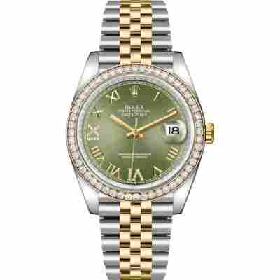 ROLEX DATEJUST 36 YELLOW GOLD&STEEL OLIVE DIAL DIAMOND BEZEL JUBILEE REF: 126233RBR