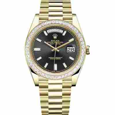 ROLEX DAY-DATE 40 YELLOW GOLD BLACK DIAL DIAMOND BEZEL PRESIDENT REF: 228398TBR