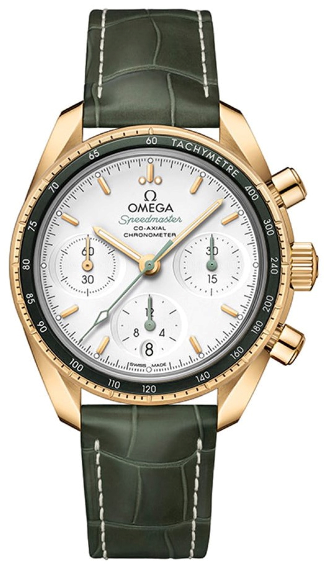 OMEGA SPEEDMASTER 38 CO-AXIAL CHRONOMETER CHRONOGRAPH 38MM, YELLOW GOLD ON LEATHER STRAP, REF: 324.68.38.50.02.004