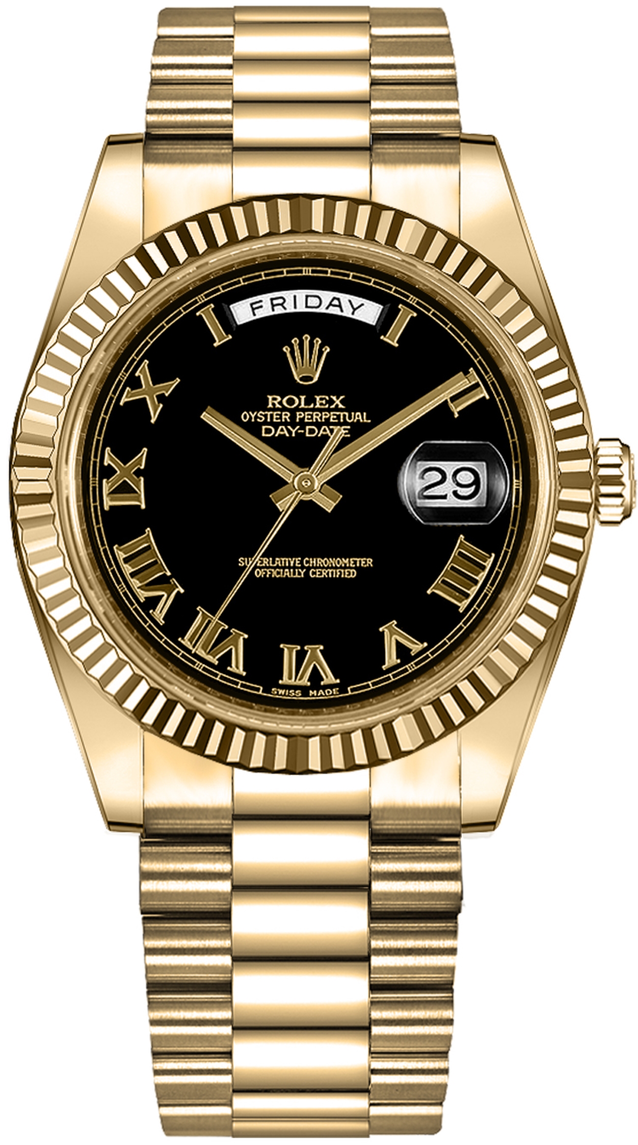ROLEX DAY-DATE II YELLOW GOLD BLACK DIAL  41MM REF: 218238