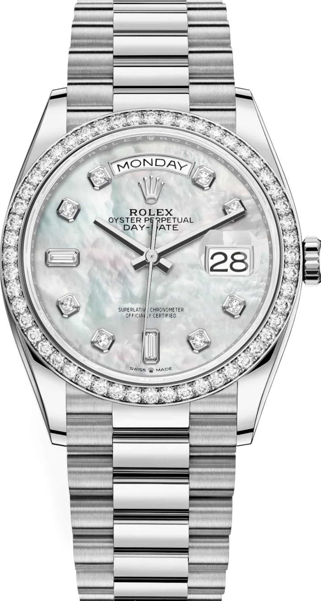 ROLEX DAY-DATE 36MM MOTHER OF PEARL DIAMOND BEZEL REF: 	128349RBR