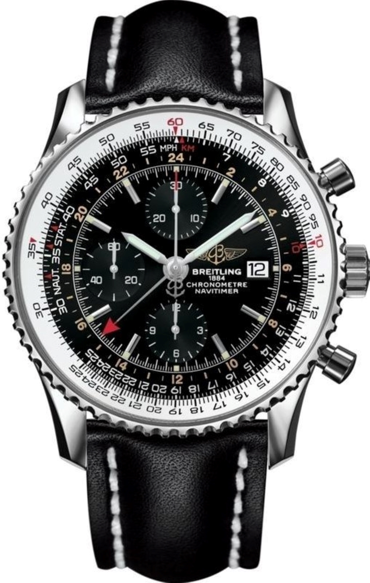 BREITLING NAVITIMER WORLD 46MM CHRONOGRAPH LEATHER STRAP REF: A2432212|C651|101X