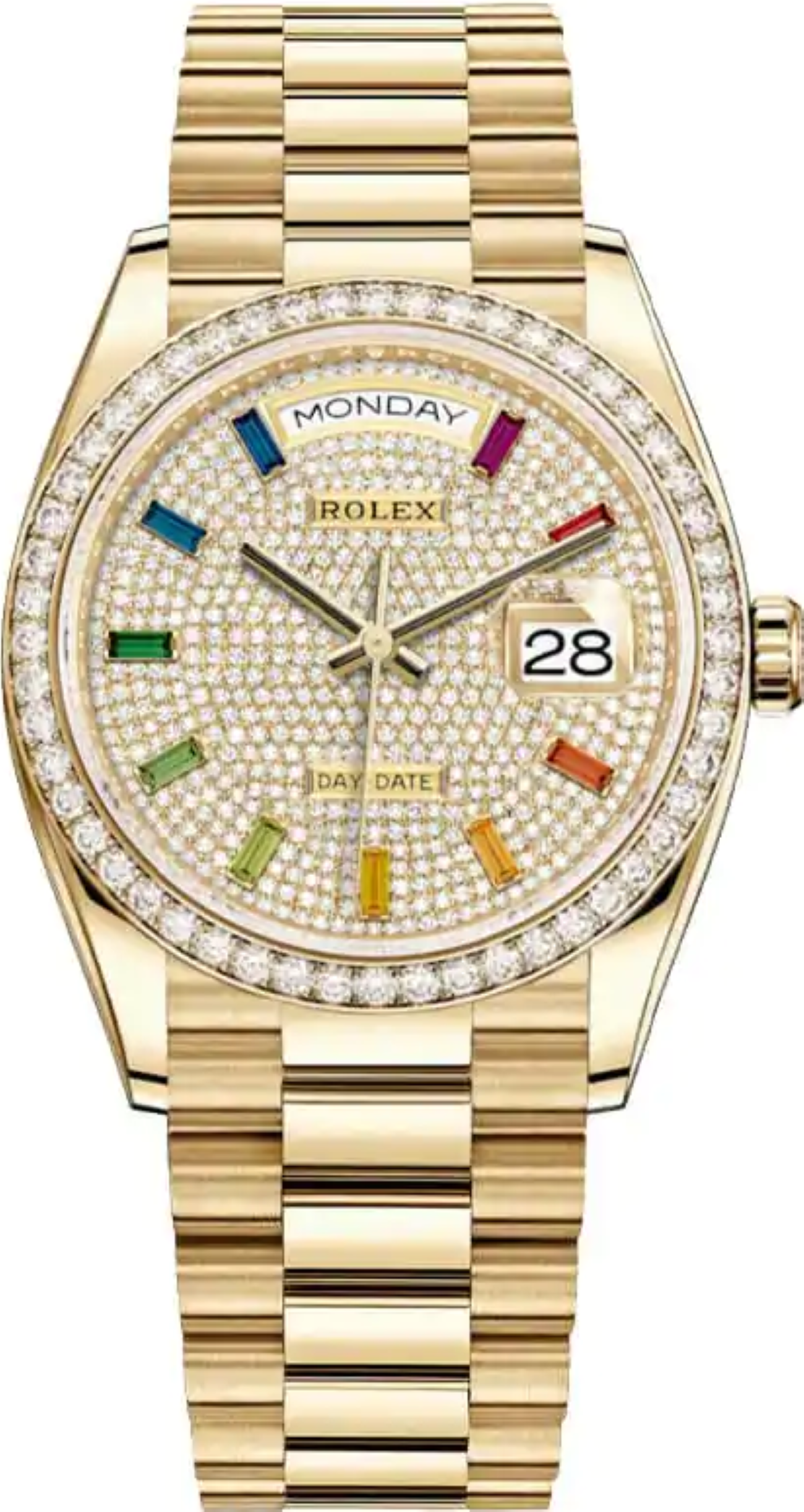 ROLEX DAY-DATE 36 YELLOW GOLD PRESIDENT RAINBOW BAGUETTE REF: 128345RBR