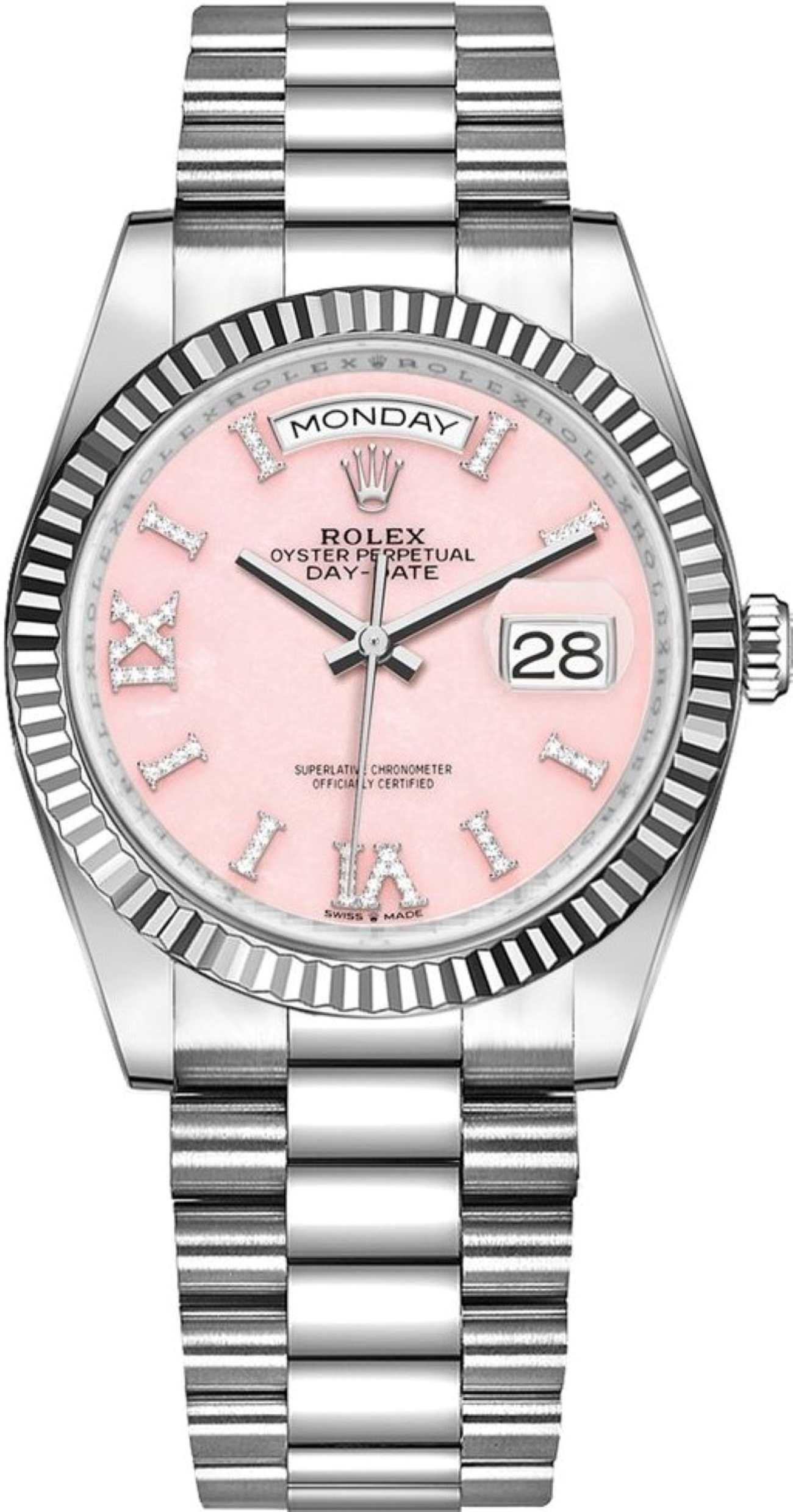 ROLEX DAY-DATE 36 WHITE GOLD DIAMOND BEZEL PINK DIAL REF: 128349RBR