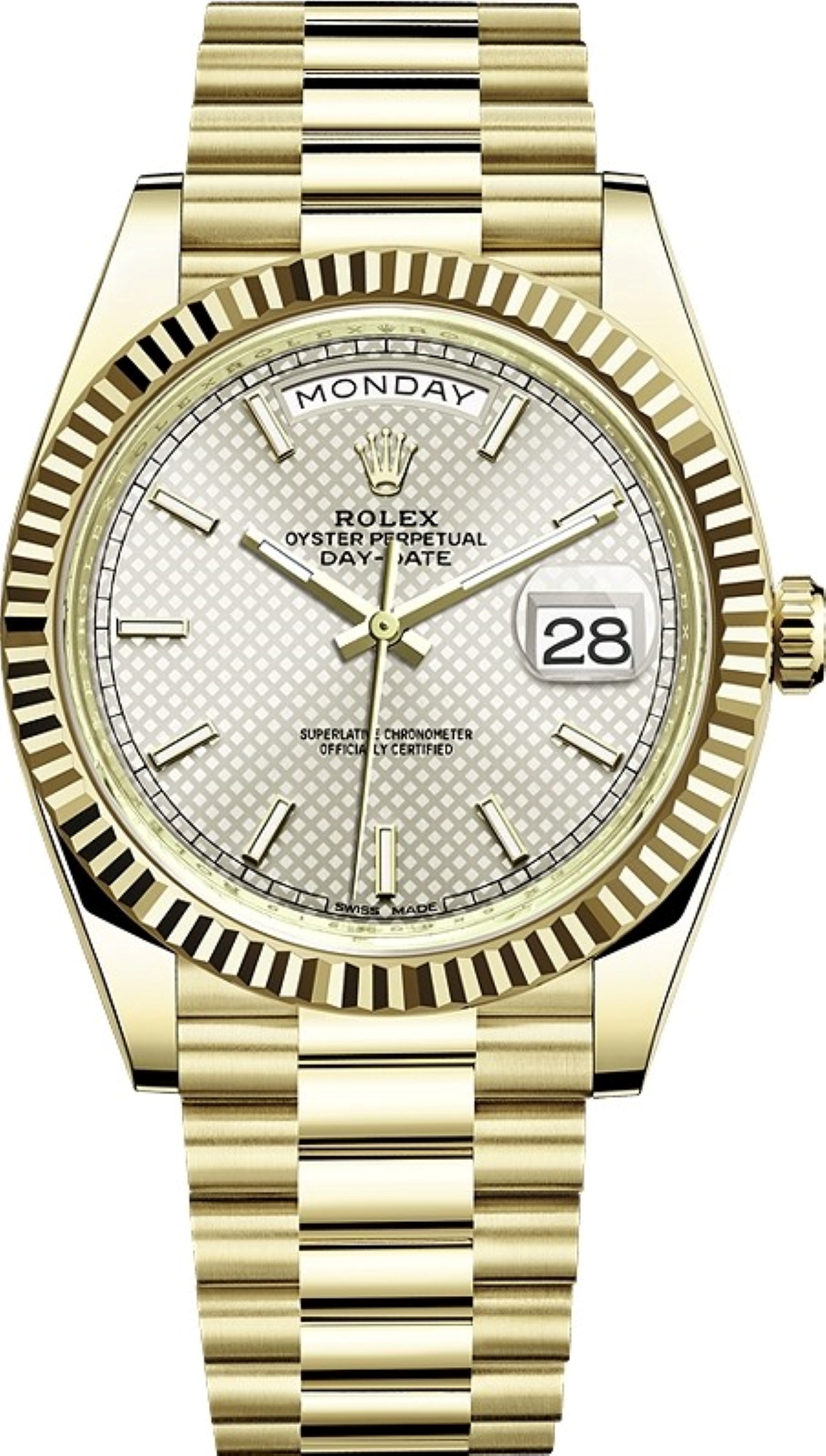 ROLEX DAY-DATE 40 YELLOW GOLD SILVER DIAL REF: 218238