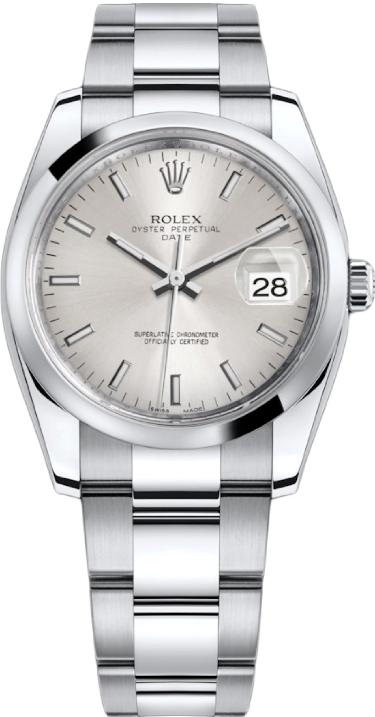 ROLEX OYSTER PERPETUAL DATE 34MM SILVER DIAL STEEL AUTOMATIC REF: 115200