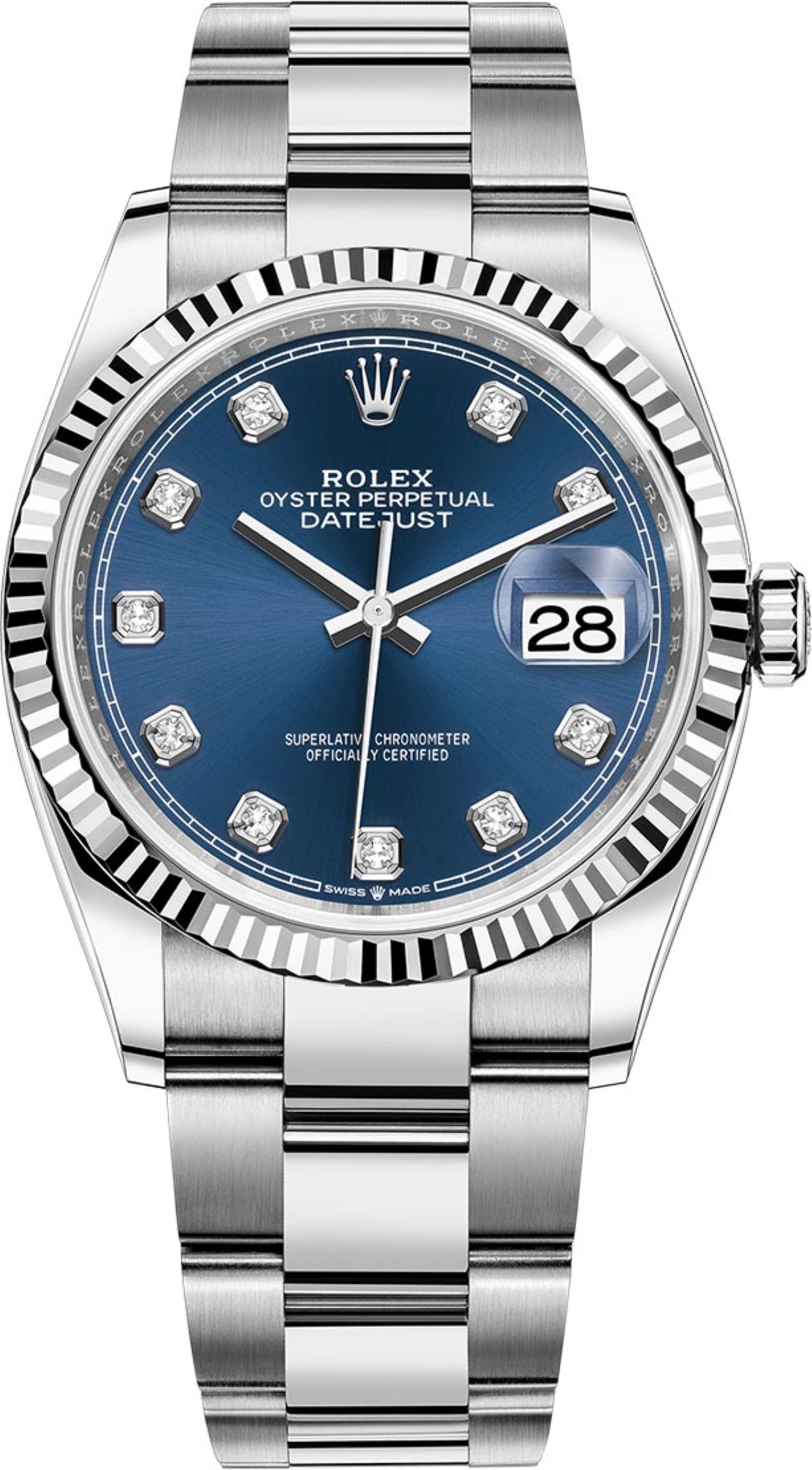 ROLEX DATEJUST 36 WHITE GOLD DIAMONDS BLUE DIAL OYSTER STEEL AUTOMATIC REF: 126234