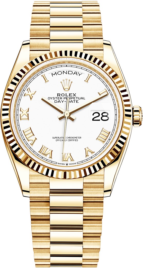 ROLEX DAY-DATE 36 YELLOW GOLD WHITE ROMAN DIAL PRESIDENT REF: 128238