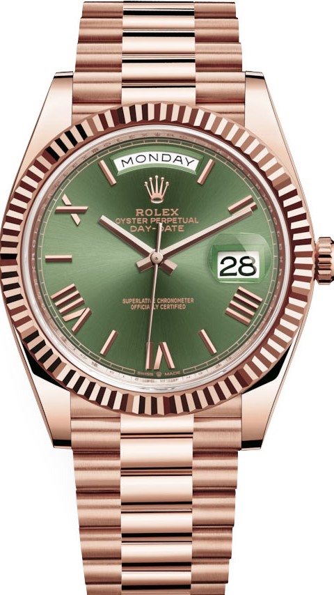 ROLEX DAY-DATE 40 ROSE GOLD OLIVE ROMAN DIAL PRESIDENT REF: 228235